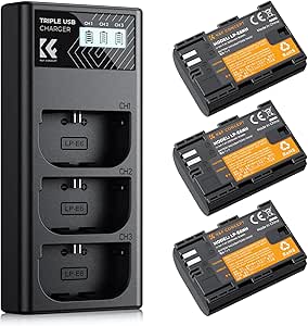 K&F Concept 3-Pack LP-E6NH Battery and Triple-Slot Charger for Canon EOS R5, R6, R7, 5D Mark IV, 5D Mark III, 5DS, 5DS R, 5D Mark II, 6D, 6D Mark II, 7D, 7D Mark II, 3 * 2250mAh