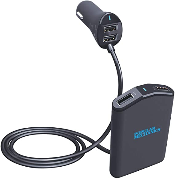 Popular Mechanics Road Trip USB 4 Port Car Charger for Front and Back Seat with Quick Charge Technology