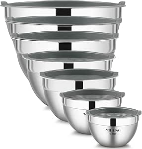 YIHONG Stainless Steel Mixing Bowls Set, 7 Piece Metal Mixing Bowls with Lids Set for Kitchen, Nesting Steel Mixing Bowls Ideal for Baking, Prepping, Cooking, and Serving Food(Grey)