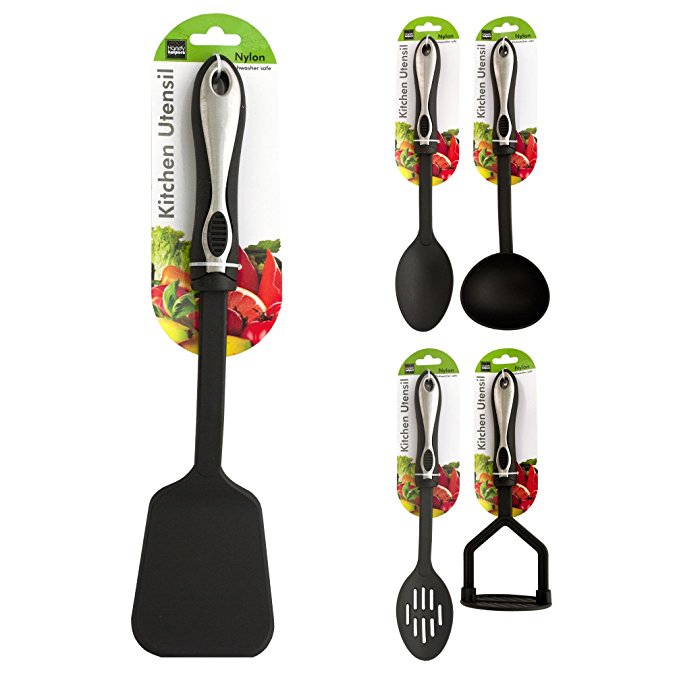 Kole 5-piece Premium Nylon Kitchen Utensil Set with Anti-Slip Grip - Solid Serving Spoon, Slotted Serving Spoon, Ladle, Solid Spatula and Potato Masher, Length 11-14in