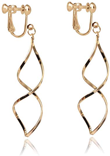 Gold Plated Spiral Twist Drop Clip on Earrings Twist Wave Dangle Tassel Fashion Jewelry for Women Lady
