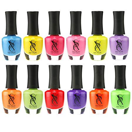 SXC Cosmetics Nail Polish Set - 12 Neon Bright Shades, 15ml/0.5oz Full Size, Perfect Nail Lacquer Gift Set Regular Use & Nail Art Design