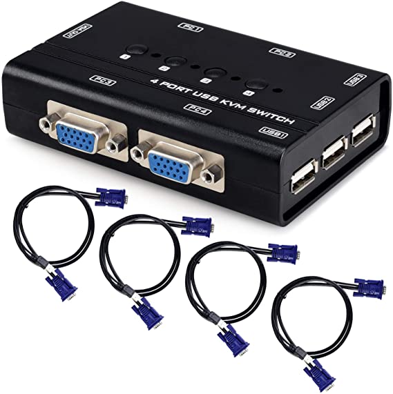 USB VGA KVM Switch with 4 Cables, 4 Port Selector Switcher for 4PC Sharing One Video Monitor and 3 USB Devices, Keyboard, Mouse, Scanner, Printer