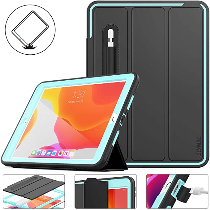 SEYMAC stock for New iPad Case,iPad 7th Generation 10.2 inch Case Heavy Duty Drop Poof Smart Cover Auto Sleep Wake with Leather Stand Feature for Apple New iPad 10.2 2019 Released (Black/Sky Blue)