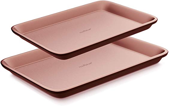 Nutrichef NC2TRRG Nonstick Cookie Sheet Pan 2pc Large and Med Metal Professional Quality Kitchen | Non-Stick Bake Trays w/Rimmed Borders, Guaranteed NOT to Wrap-FDA Approved, Medium, Rose Gold