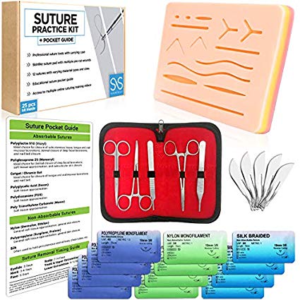 Suture Practice Kit w Medical Pocket Guide, Online Training Videos, 4th Gen Pad, Surgical Tools, Gift for Med Dental Vet Student. Knot Tying Surgery Stitches Techniques 25 Pcs