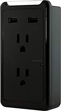 GE 2 USB 2 Outlet Surge Protector Charging Station, Power Strip Outlet Adapter, Wall Tap with Phone Holder Shelf, Charge Indicator LED, 2.1A / 10W Dual USB Ports, 450 Joule Surge Protector, UL Listed, Black, 13460