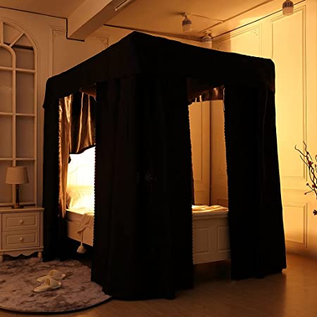 Obokidly Elegant Black 100% Lightproof 4 Corner Post Bed Curtain Bedroom Decoration for Adults Girls Boys Bed Canopies Child Gift (Twin, One Solid Black-Bed Curtain)