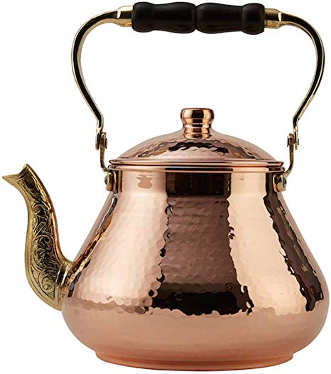 DEMMEX 2019 Heavy Gauge 1mm Thick Natural Handmade Turkish Copper Tea Pot Kettle Stovetop Teapot, LARGE 3.1 Qt - 2.75lb (Copper)