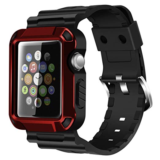 iiteeology Replacement for 38mm Rugged Protective iWatch Case and Band with Built-in Screen Protector Compatible with Apple Watch Series 3/2/1 (Red)