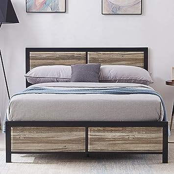 VECELO Queen Size Platform Bed Frame with Vintage Wood Headboard, Mattress Foundation, Strong Metal Slats Support, No Box Spring Needed, Grey Oak