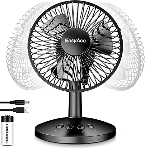 EasyAcc Small Oscillating Fan, Battery Wireless Table Fan 7 inch with Stong Wind&Wide-Angled Oscillation 5200 Capacity 16 Hours 3 Speeds 90°Powerful Travel Cooling Quiet Fan for Office Bedroom Table