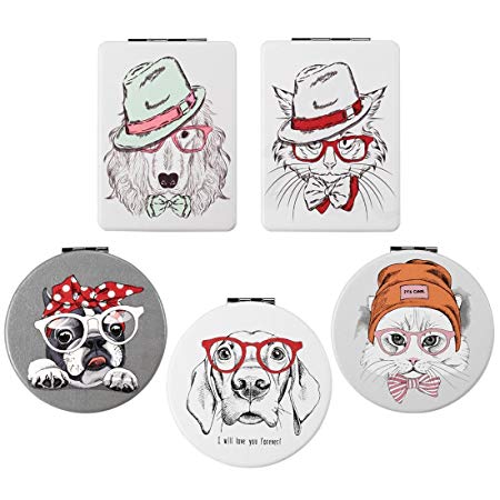 BMC Womens 5 pc Mixed Design Alloy Metal Folding Compact Travel Pocket Beauty Makeup Mirrors - Set 6: Hipster Animals