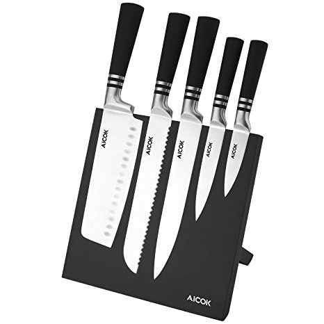 Aicok Knife Set and Magnetic Knife Holder, 6 Pieces, High Carbon Stainless Steel Knife Block Set with Magnetic Knife Stand, Black