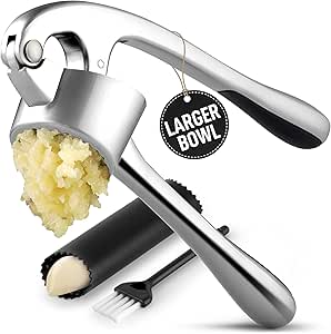 Zulay Kitchen Large Premium Garlic Press Set - Bigger Bowl for Bigger Garlic - Rust Proof & Dishwasher Safe Garlic Mincer Tool - Easy-Squeeze, Easy-Clean Silicone Garlic Peeler & Brush (Chrome)