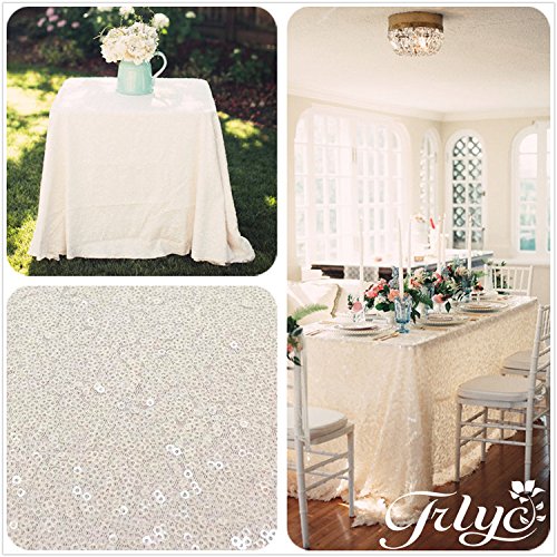 TRLYC 90''x90'' Sparkly Ivory Sequins Wedding Square Tablecloth, Overlays Sparkly Ivory Sequin Table cloth for Wedding, Event