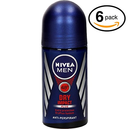 (Pack of 6 Bottles) Nivea DRY IMPACT Men's Roll-On Antiperspirant & Deodorant. 48-Hour Protection Against Underarm Wetness. (Pack of 6 Bottles, 1.7oz / 50ml Each Bottle)