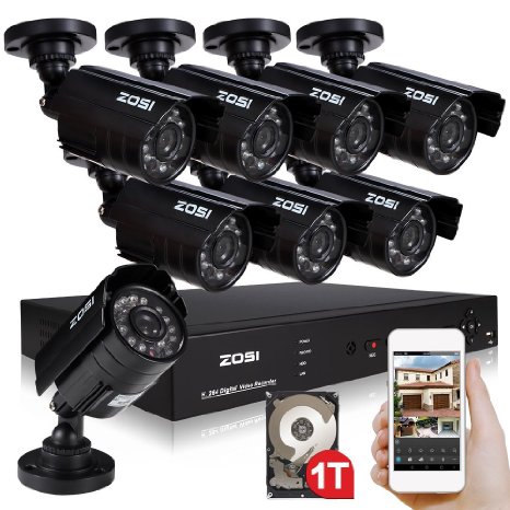 ZOSI 8 channel 960H HDMI CCTV DVR 1TB Hard Drive Pre-installed   8 In/Outdoor IP66 weatherproof 800TVL Surveillance Security Camera System, Real Time with Web Server for Remote Viewing and Operation, Support USB Backup, 65' Night Vision ,3.6mm lens