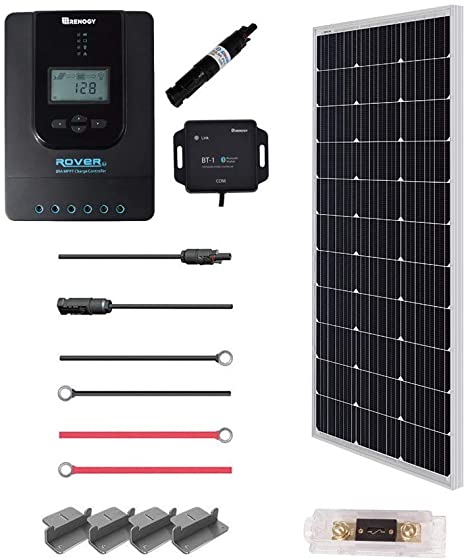 Renogy 100 Watt 12 Volt Off Grid Solar Premium Kit with Monocrystalline Solar Panel and 20A MPPT Rover Controller