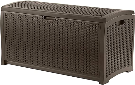 Suncast 73-Gallon Medium Deck Box - Lightweight Resin Indoor/Outdoor Storage Container and Seat for Patio Cushions and Gardening Tools - Store Items on Patio, Garage, Yard - Mocha Brown