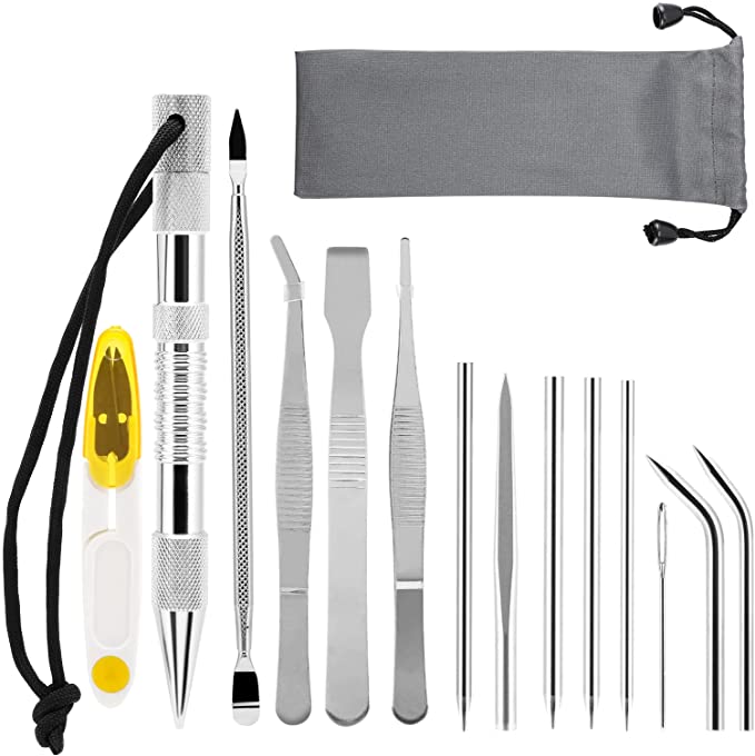 Paracord FID Set, LINGSFIRE 15 Pcs Paracord Tools Stainless Steel Paracord Needle Set with Marlin Spike Lacing Stitching Needles Smoothing Tool Scissors Tweezers Bag for Craft Leather or Paracord Work