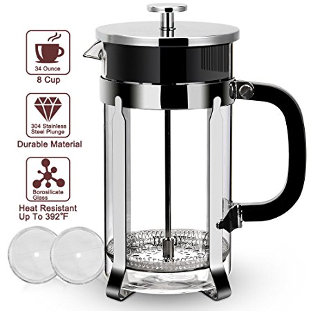 Eminent French Press - 304 Stainless Steel French Press, 1L 34oz Coffee Press FDA Approved. Food Grade Frame & Lid, German Glass, Press Coffee Maker Tea Press with Professional Grade Screen Heatable
