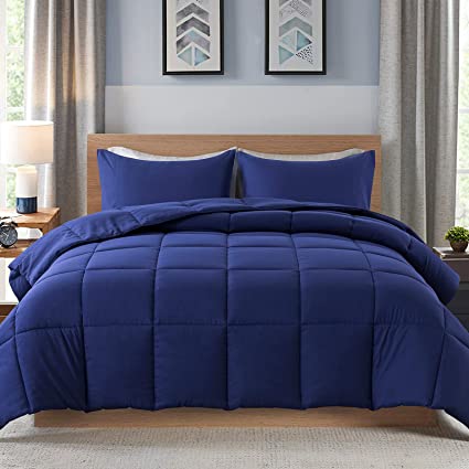 Cosybay 3 Piece Comforter Set- Quilted Ultra-Soft Microfiber- Lightweight Down Alternative Comforter with Shams- All-Season Bedding Set-Full, Dark Blue