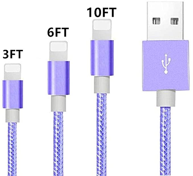 Beskson Phone Charger Cable 3Pack Nylon Braided Cord Compatible Phone XS X 8 8Plus 7Plus 7 6Plus 6s - Purple(3/6/10ft)