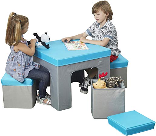 ECR4Kids Multipurpose Folding Kids Table and Chair Set, 5-Piece Furniture Set with Fabric Storage Ottomans, Easy to Assemble, Blue/Grey