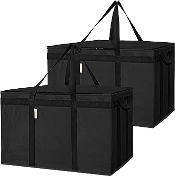 BALEINE 2Pk Insulated Reusable Grocery Bags, Collapsible Cooler Bag for Groceries, Heavy Duty Large Insulated Bag (24''x14''x15'', Charcoal Black)