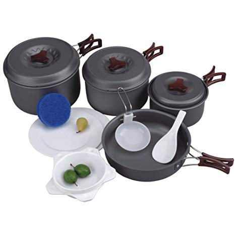 AceCamp Hard-Anodized Portable Camping Cookware Set, Stackable Nonstick Aluminum Cooking Mess Kit, Lightweight Family Pots, Pans, Cups, Bowls & More with Mesh Carrying Bag