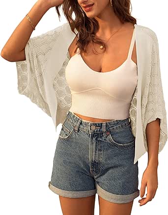 GRACE KARIN Womens Crochet Summer Cardigan Shrug 2024 Lightweight Open Front Hollow-Out Batwing Cardigan Sweater Outwear