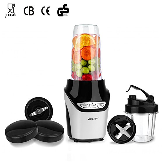 BESTEK 1000W Blender with Grinder, Smoothie Maker, 7 Attachments, 1L & 0.45L Cup, Stainless Steel, Upgraded Version