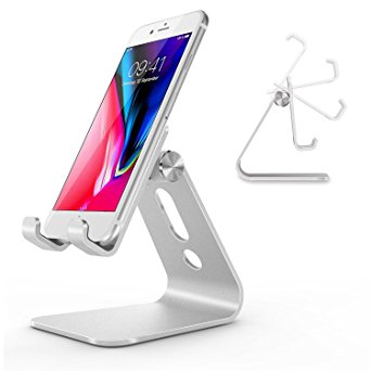 OMOTON Adjustable Phone Stand/iPhone Stand, [Advanced Hollow Design][Multi-Angle] Aluminum Cell Phone holder, Smartphone Dock for All Cell Phones and Tablets (Up to 8.0 inch), Silver