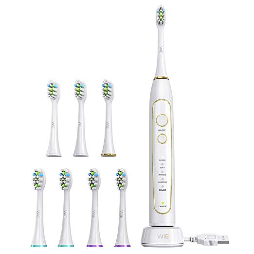 Electric Toothbrush, WIE Rechargeable Sonic Electric Toothbrushes for Adults, Smart Timer, 5 Brushing Modes, IPX7 Waterproof Autobrush Travel Electric Toothbrush with 8 Replacement Brushheads - White
