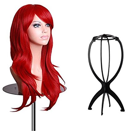 Alotpower 28" Women Cosplay Wig Long Curly Wig with 1 Wig Cap and Wig Stand,Red