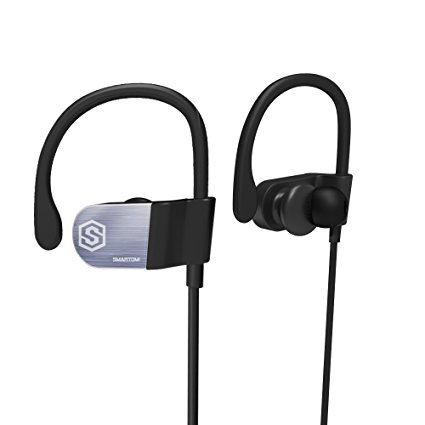 SmartOmi WIT Bluetooth 4.1 Sports Headphones Wireless In Ear Earphones IPX4 Waterproof Sweatproof Running Earbuds Stainless Steel Silicone Ear Hooks Compatible with iOS and Android for Gym Workout