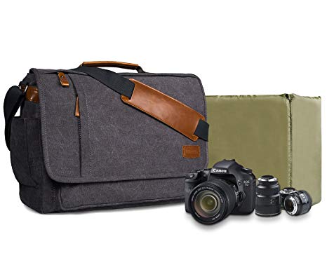 Estarer DSLR Camera Laptop Messenger Bag with Padded Insert for Canon Nikon Sony Olympus Fujifilm Panasonic Lumix,Large Canvas Shoulder Bag for Work