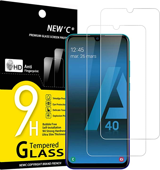 NEW'C 2 Piezas, Protector Pantalla para Samsung Galaxy A40 (SM-A405F), Cristal templado Antiarañazos, Antihuellas, Sin Burbujas, Dureza 9H, 0.33 mm Ultra Transparente, Ultra Resistente