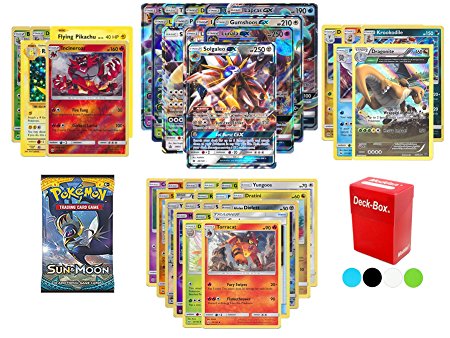 Pokemon GX Guaranteed with Sun and Moon Booster Pack, 5 Holo/Reverse Holo Cards, 5 Rare Cards, 20 Regular Pokemon Cards, Deck Box and Bonus