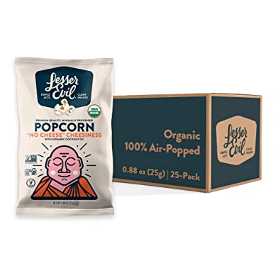 LesserEvil "No Cheese" Cheesiness Organic Popcorn, No Artificial Ingredients, Coconut Oil, Pack of 25, 0.88 oz Bags
