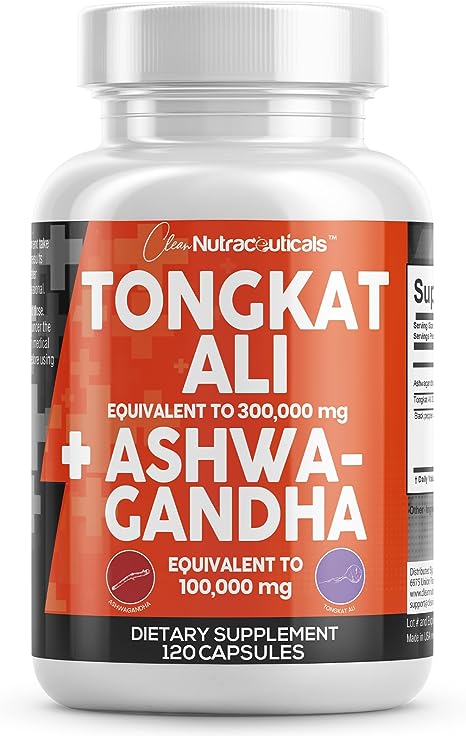 Clean Nutraceuticals Tongkat Ali and Ashwagandha Supplement Capsules - 120 Count - Support Your Natural Health, Mood, and Stress Relief - Premium Blend Made in The USA