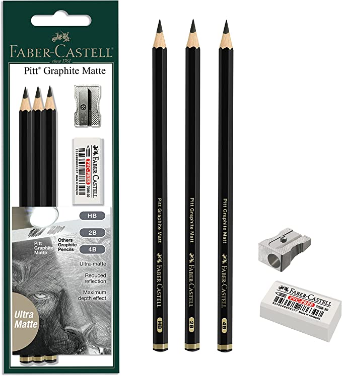 Faber-Castell 3 Count Pitt Graphite Matte Tin - HB, 2B, 4B - Matte Black Graphite Pencils (FC800166)