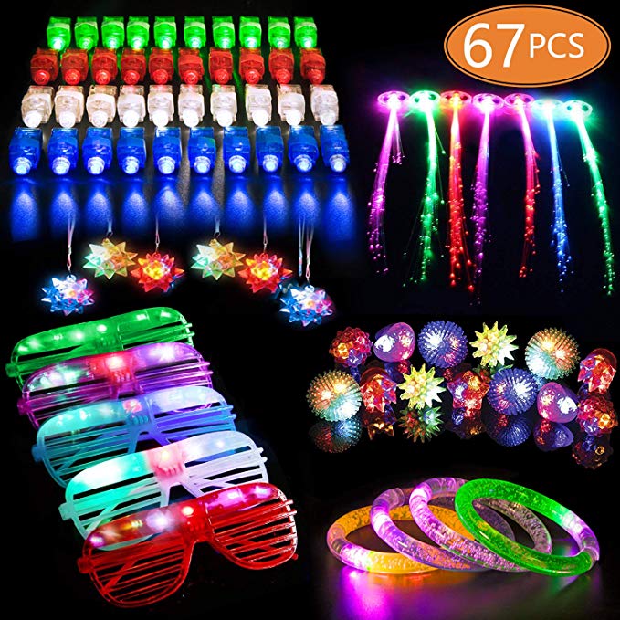 MIBOTE 67 PCS LED Light Up Toys Glow in the Dark Party Favors Party Supplies for Kids Adults with 40 Finger Lights, 10 Bumpy Rings, 5 Flashing Glasses, 4 Bracelets, 4 Hair Lights and 4 Light up Necklaces