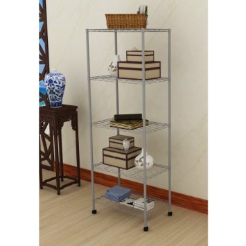 5-Shelf Grey Commercial Shelf Steel Wired Storage Metal Shelving Unit Rack with Wheels - 14 x 22 x 61"