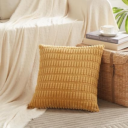 Fancy Homi Mustard Yellow Decorative Throw Pillow Covers 16x16 Inch for Living Room Couch Bed Sofa, Soft Striped Corduroy Square Cushion Case 40x40 cm, Rustic Farmhouse Boho Home Decor