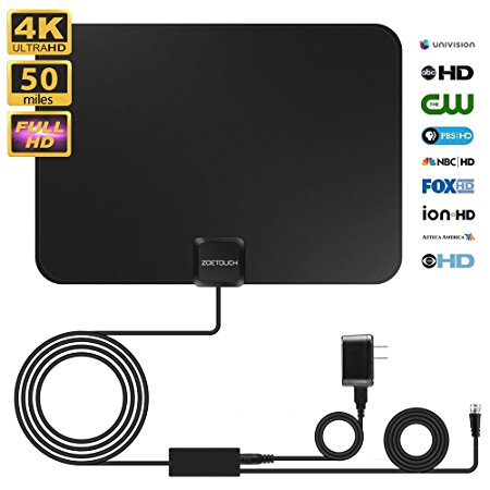 Indoor TV Antenna Zoetouch Digital Antenna for HDTV with Amplifier,50 Miles Range VHF UHF Freeview for Life Local Channels Broadcast