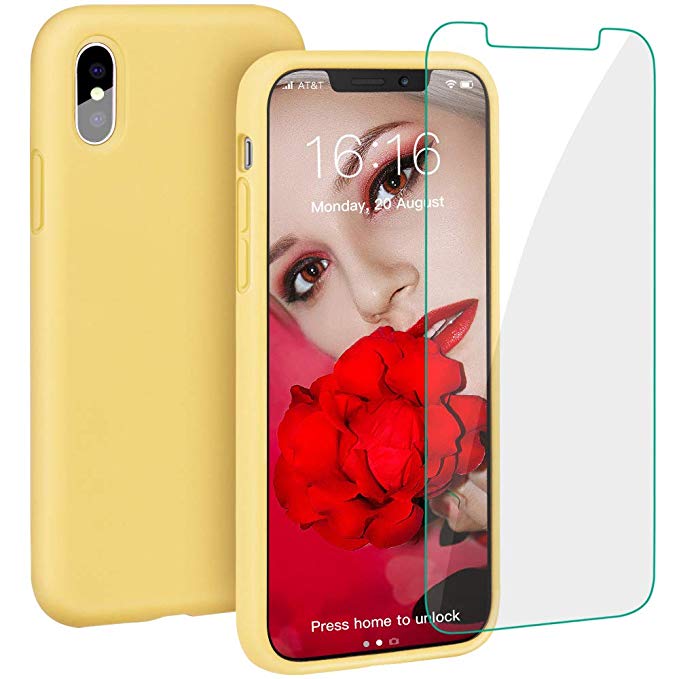 Case for iPhone XS Max, ProBien Liquid Silicone Full Protective Cover with Tempered Screen Protector Shockproof Durable Shell Compatible with 6.5 Inch 2018 Released-Yellow