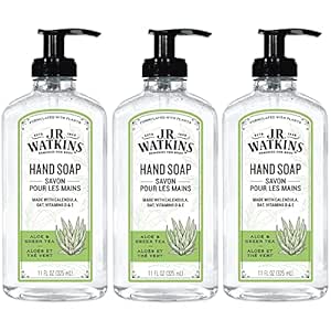 J.R. Watkins Liquid Hand Soap With Dispenser, Moisturizing Hand Soap, Alcohol-Free Hand Wash, Cruelty-Free, USA Made Liquid Soap For Bathroom or Kitchen, Aloe & Green Tea, 11 Fl Oz, 3 Pack