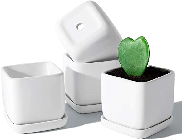 POTEY 051105 Square Succulent Plant Pot - 3.5 Inch White Ceramic Small Planters for Cactus Succulent with Drainage Hole & Saucer, Set of 4